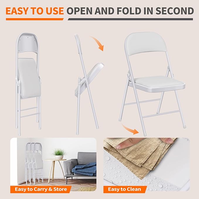 1 Pack Folding Chairs with Cushion Padded - Metal Chairs w/Comfortable Seats and Durable Steel Frame Foldable Chair for Indoor Outdoor Wedding, Party, Backyard & Office Events (White, 1 Pack)