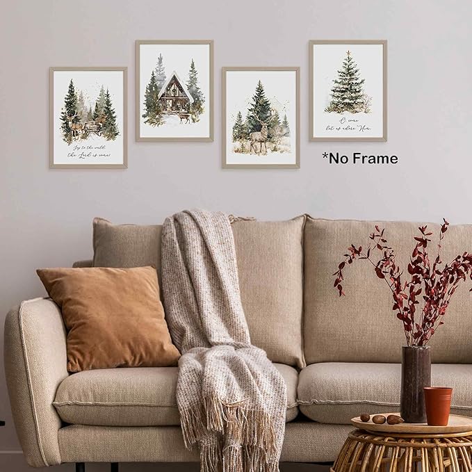 TLESKE Winter Deer Reindeer Christmas Carols Posters Prints Unframed Set of 4, Vintage Christmas Tree Wall Art Prints Decor for Living Room Bedroom, Joy to the World Wall Pictures, 12x16