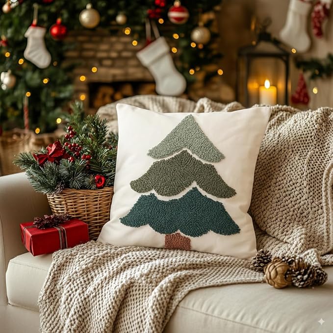 GEEORY Christmas Pillow Covers 18x18 Inch, Embroidered Xmas Tree Throw Pillows Farmhouse Winter Holiday Decor Cushion Case for Sofa & Bed Home Decorations (Green) GX003-1-18