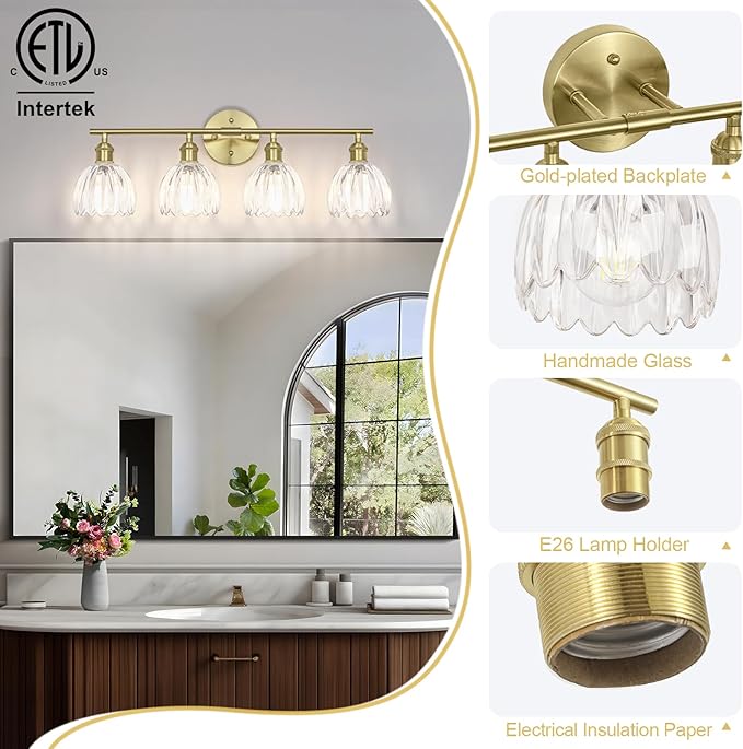 Vintage Bathroom Light Fixtures,4-Light Hardwired Vanity Lights Over Mirror,Gold Wall Sconces with Clear Tulip Glass Shade for Bathroom Living Room,E26 Socket(Bulbs Not Included)
