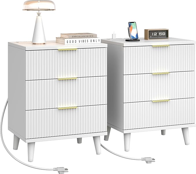 Fluted White Night Stand Set of 2 with USB Charging Station, 3-Drawer Dresser Wood Modern Bedside Table with Quiet Drawers & Large Storage End Table for Bedroom