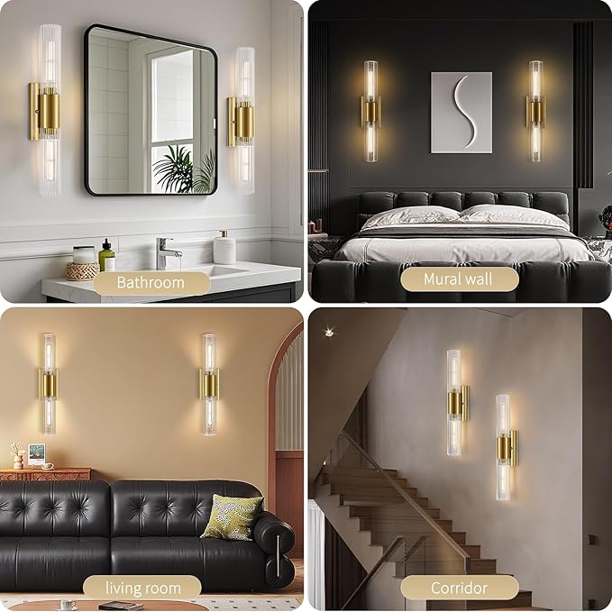 Wall Sconces Set of Two - Gold Bathroom Sconces Wall Lighting with Threaded Glass Wall Lighting Fixtures Mounted Lamps for Bedroom, Bathroom, Living Room, Hallway (Gold Water Pattern)