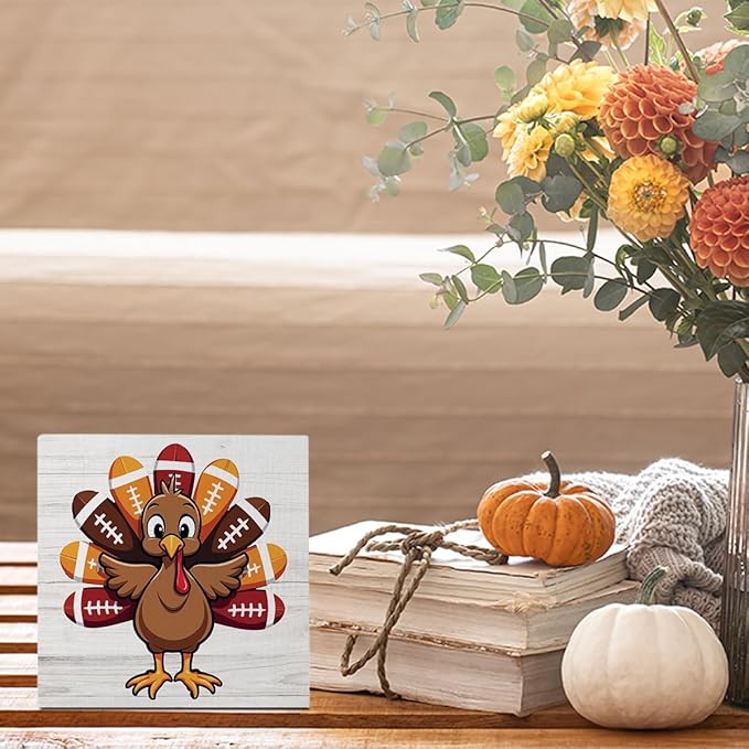 Fall Thanksgiving Football Turkey Sign Autumn Office Bedroom Dining Room Decor Wooden Box Block Plaque Wood Products Sign for Desk Table Tabletop Decor 5 x 5 inches Tub1604