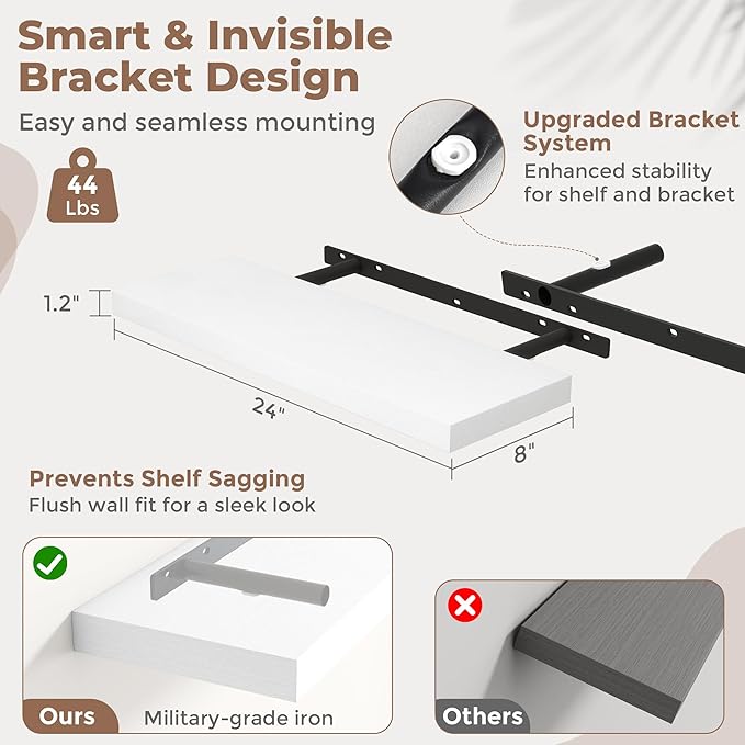 24 Inch Floating Shelves for Wall Set of 2, 8"D Wood Grain Bathroom Shelves with Invisible Brackets, Easy Install Engineered Wood Storage Shelves for Kitchen, Living Room, Bedroom, White Finish