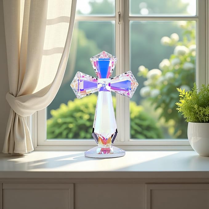 Crystal Standing Cross Decor, Easter Christmas Decoration for Pary,Religious Gifts for Women Men, Handmade Glass Holy Collectible Figurines (Multicolor Crystal Cross)