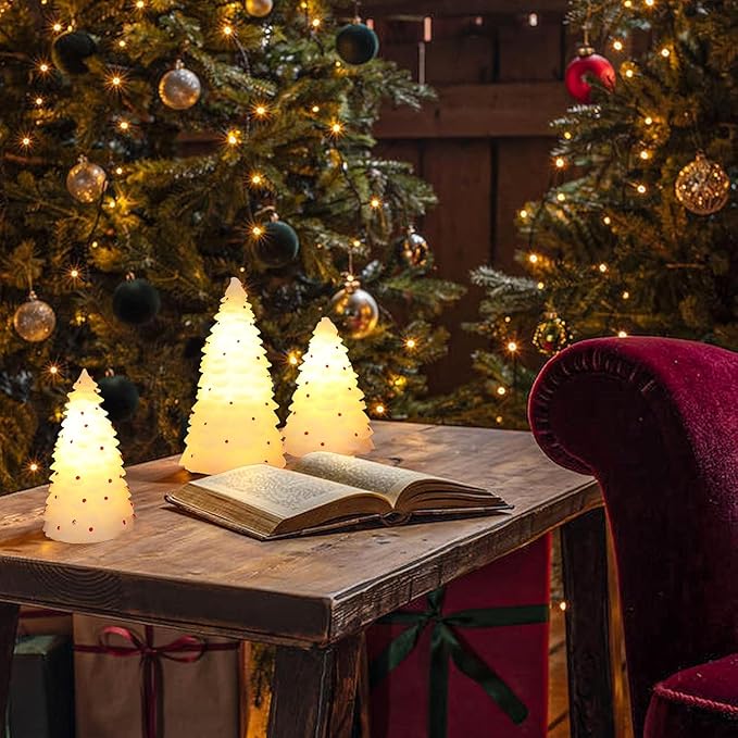 White Christmas Trees Figurine with Light Battery Operated with Remote Lighted Christmas Tree Tabletop Decor Real Wax White Small Xmas Tree with Red Berry Christmas Decoration for Home Party Gifts