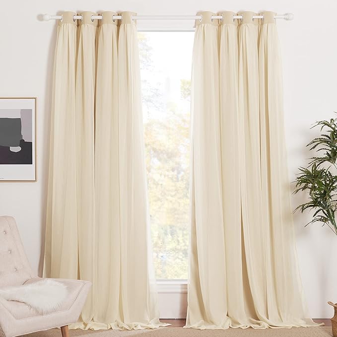 NICETOWN Bedroom Nursery Biscotti Beige Curtains Double-Layered Sheer & Blackout Panels with Free Tie-Backs, Home Decor Window Drapes for Kids (2 Panels, 52 inches Wide x 72 inches Long)