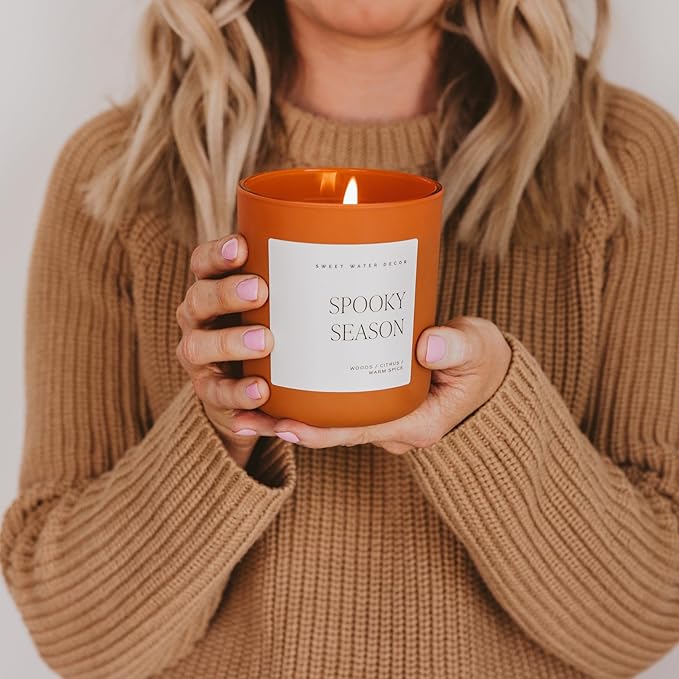 Sweet Water Decor Spooky Season Orange Scented Candle - Halloween Candles with Woods Warm Spice & Citrus Scent - 100% Cotton Wick Decorative Candles with 40 Hour Burn Time - 15oz Orange Jar Candle