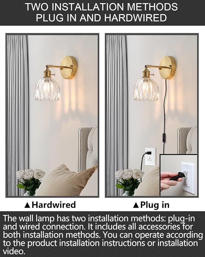 Plug in and Hardwired Wall Sconces, Luxury Vintage Tulip Crystal Glass Shade Wall Light with Switch for Bedside Bedroom Living Room (Tulip-Clear, 1)