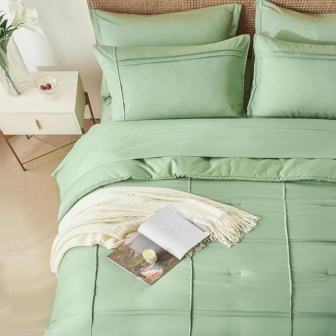Yogeneg Queen Comforter Set 7 Piece Bed in a Bag,Grid Pinch Pleat Sage Green Bedding Set,Striped Textured Soft Microfiber Comforter with Sheet Set,All Season Complete Bed Set(Sage Green,Queen)
