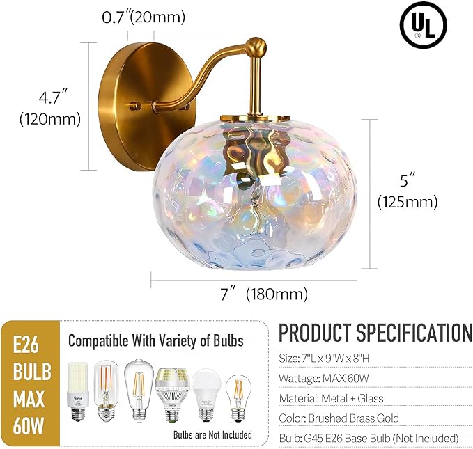 Brushed Gold Vanity Light Set of 2 Stained Hammered Glass Wall Sconce 1-Light Brass Wall Lamp for Hallway Living Room Stairwell Bathroom Over Mirror (Brass Gold, 1-Light)