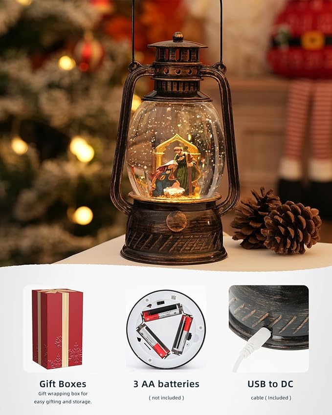 Christmas Nativity Snow Globe,Musical Lighted Glitter with 6H Timer Christmas Decorations Nativity Scene Snow Globe Religious Christmas Decor with Gift Box