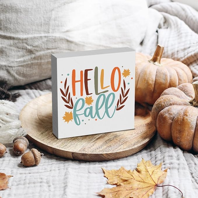 Fall Wooden Box Sign, 5.1 X 5.1 Inch Autumn Maple Wood Sign for Tiered Tray Decor, Home Living Room Harvest Day Thanksgiving Tabletop Decor - Hello Fall