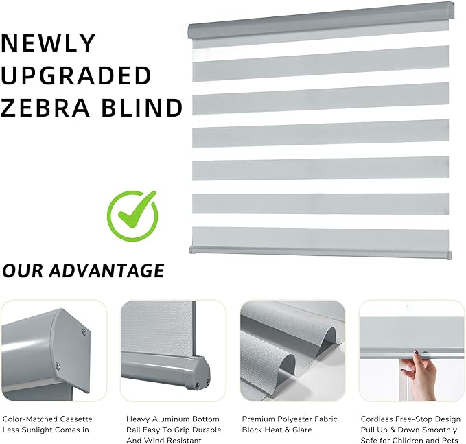 ChrisDowa Cordless Zebra Blinds for Windows, Dual Layer Free-Stop Light Filtering Window Roller Shades, Pull Down Privacy Zebra Shades for Home, Office, Bedroom, Door (70" W x 72" H, Light Grey)
