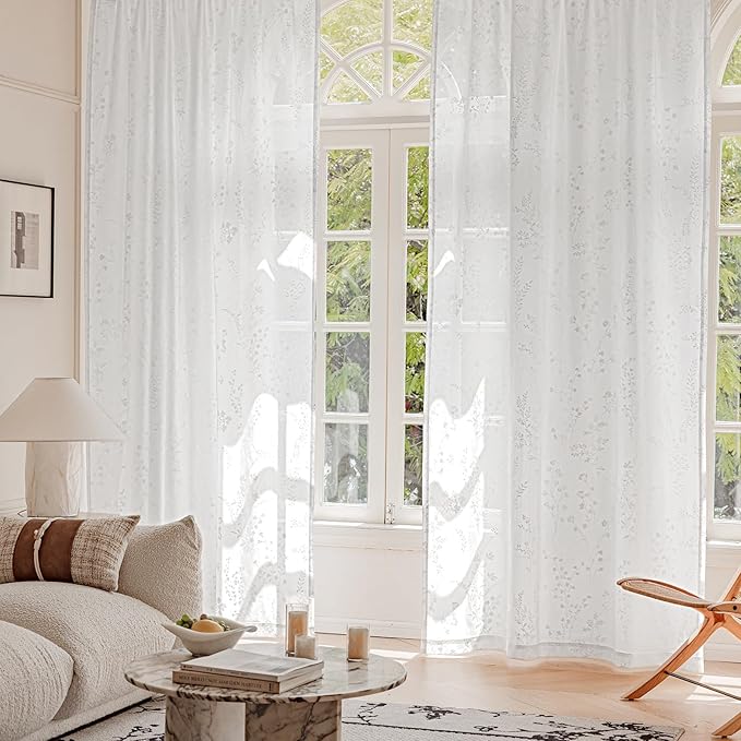 Anmao White Semi Sheer Light Filtering Curtains 84 Inches Long 2 Panels, Flower Pattern Drapes for Living Room Bedroom, Rod Pocket Privacy Window Treatments with Floral Design, 52x84 Inch