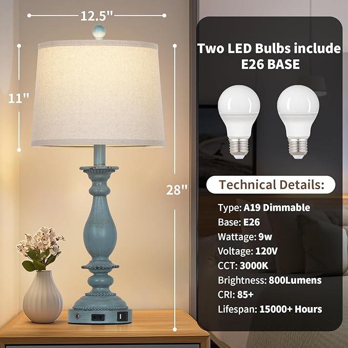 28" Tall Coastal Table Lamps for Living Room Set of 2, Farmhouse Rustic Blue Bedside Touch Lamp with USB C+A Ports & Outlet, 3-Way Dimmable Resin Nightstand Lamps for Bedroom Side End Table