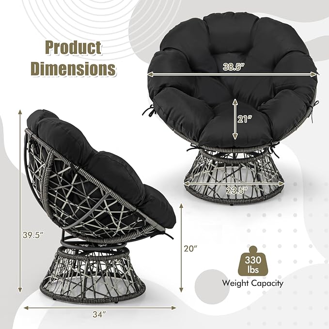RELAX4LIFE Swivel Wicker Papasan Chair - 360° Rotatable Comfy Circle Chairs with Cushion and Frame for Indoor & Outdoor, Oversized Lazy Lounge Reading Chair for Bedroom, Living Room, Balcony, Patio