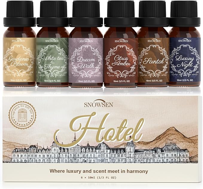 Fragrance Oils Hotel Set—Santal, Luxury Night, White Tea & Thyme, Gardenia Bloom, Dream Walk, Citrus Amber, Essential Oils for Diffuser, Candle & Soap Making, Luxury Diffuser Oils Scents