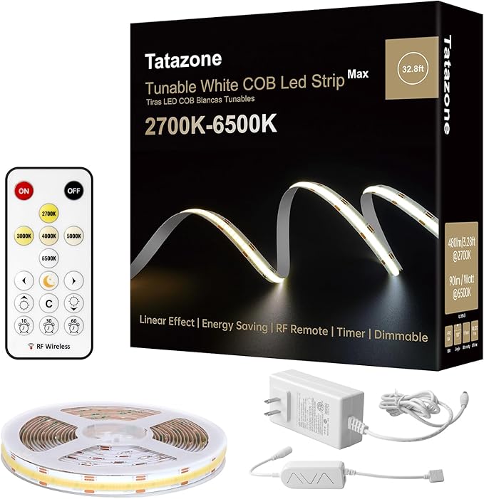 32.8ft Tunable White COB Led Strip Light with RF Remote, Dimmable CCT 2700K-6500K COB Led Tape Lights, Adhesive High Density Led Light Strip for Bedroom, Kitchen, Cabinet