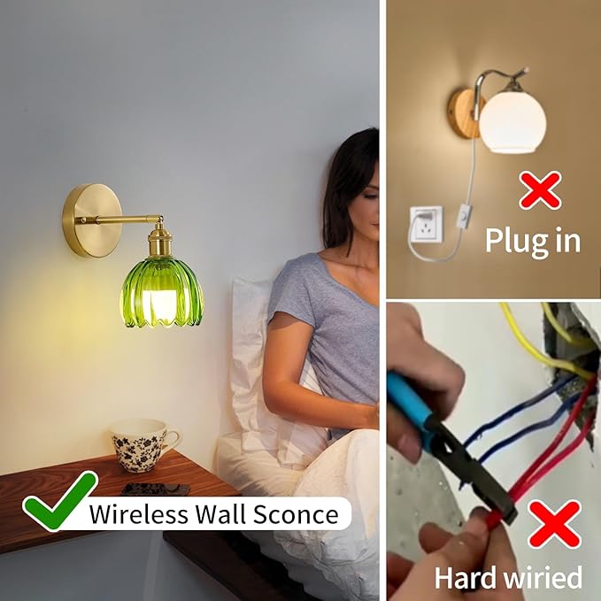 Vintage Battery Operated Wall Sconces with Remote, 180 Degree Adjustable, Modern Battery Powered Wall Lighting Fixture with Green Tulip Glass Lampshade for Bedroom Bedside Bathroom