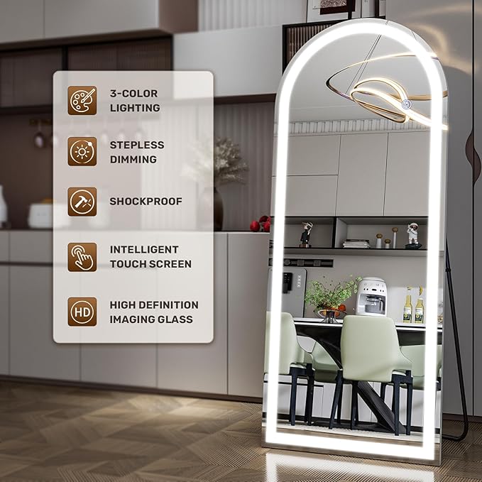 26x65 inch Full Length Mirror with Lights, LED Lighted Floor Standing, Hanging Full Length with Stand, Full Body Dressing Mirror with Dimmable 3 Color LED