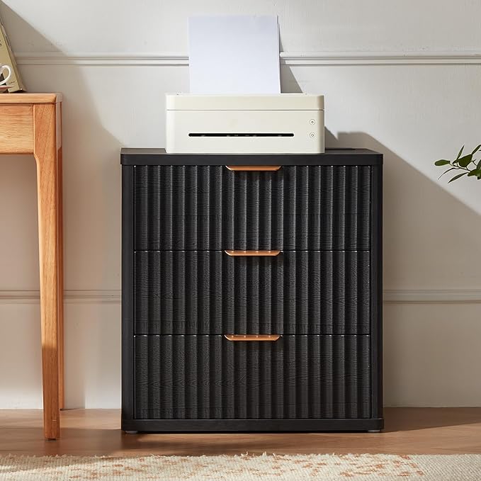 LEYAOYAO 23" Wide Fluted Night Stand with Charging Station,3 Drawers Large End Table with Storage,Black Nightstand Wood Bedside Tables, Farmhouse Cabinet Dresser for Bedroom,Closet