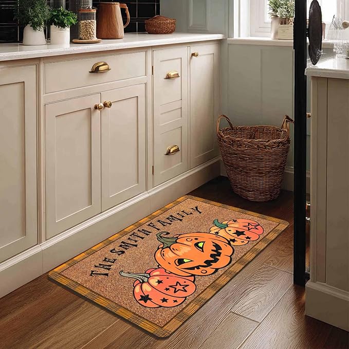 InterestPrint Personalized Halloween Family Doormat with Name Pumpkin Pattern Custom Family Member Welcome Mat, Customized Halloween Door Mat with Name, Dog, Cat, Ghost Family Welcome Doormat