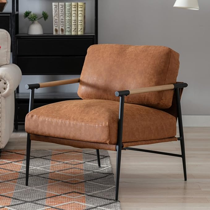LukeAlon PU Leather Accent Chairs Set of 2, Ultra Soft Lounge Chairs with Metal Legs Modern Armchairs Upholstered Mid-Century Comfy Leisure Chair for Bedroom Living Room Reception Area, Brown