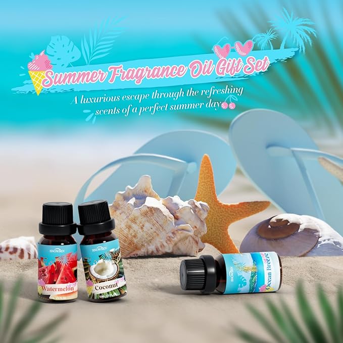 Summer Essential Oil Set of 6 Premium Fragrance Oils - Includes Watermelon, Coconut, Ocean Breeze, Plumeria, Vanilla Ice Cream & Pina Colada Diffuser Oils, Candle Making Scents