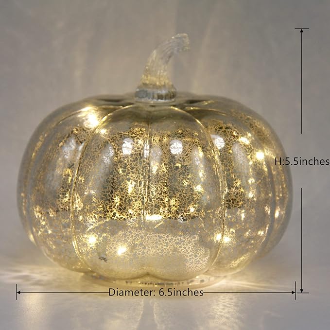 Fall Decor-Fall Decorations for Home Mercury Glass Pumpkin Light with Timer,Battery Operated Led Pumpkin Light,Ideal for Halloween Decoration, Thanksgiving Rustic Decor, Xmas Décor (Silver2)