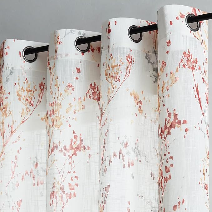 Branch Sheer White Curtains 96inch Long Red Tree Branch Semi Sheer Curtains Panels for Living Room Bedroom Linen Look Multicolor Pattern Textured Window Drapes for Kitchen Grommet Top 2pcs