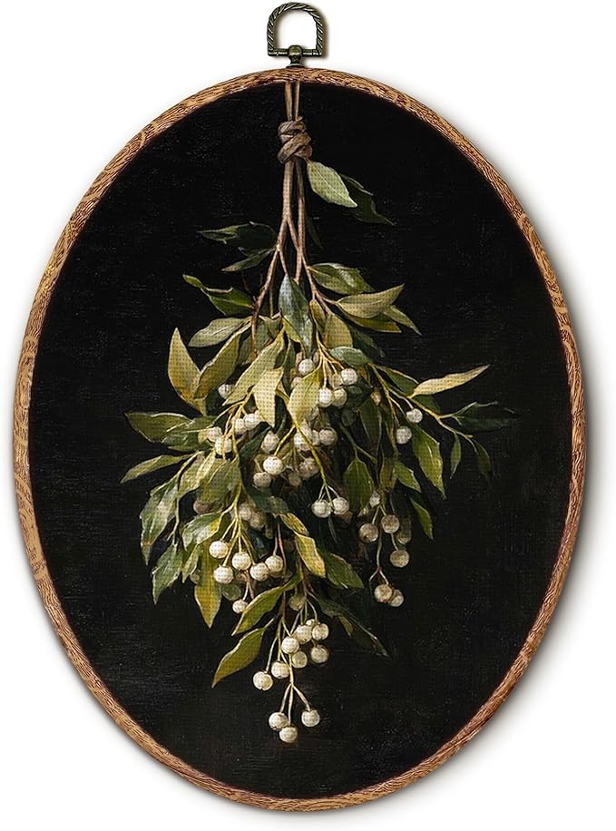 Hxlac Mistletoe Christmas Oval Wall Art Framed, Dark Moody Holiday Christmas Oval Wall Decor, Mistletoe Botanical Hanging Canvas Prints Wall Sculptures for Home Bedroom Decor, 8.5x11.5 Inch