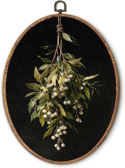 Hxlac Mistletoe Christmas Oval Wall Art Framed, Dark Moody Holiday Christmas Oval Wall Decor, Mistletoe Botanical Hanging Canvas Prints Wall Sculptures for Home Bedroom Decor, 8.5x11.5 Inch