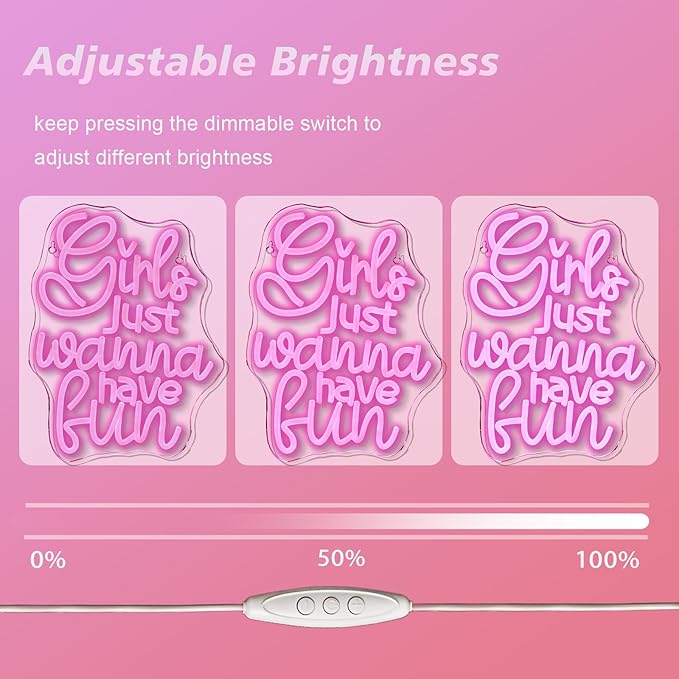 Girls Just Wanna Have Fun Neon Sign 80's Party Decoration Retro Pink LED Neon Light Sleepover Party Girl Neon Signs for Wall Decor,for Bedroom Wedding Christmas Birthday (have fun)