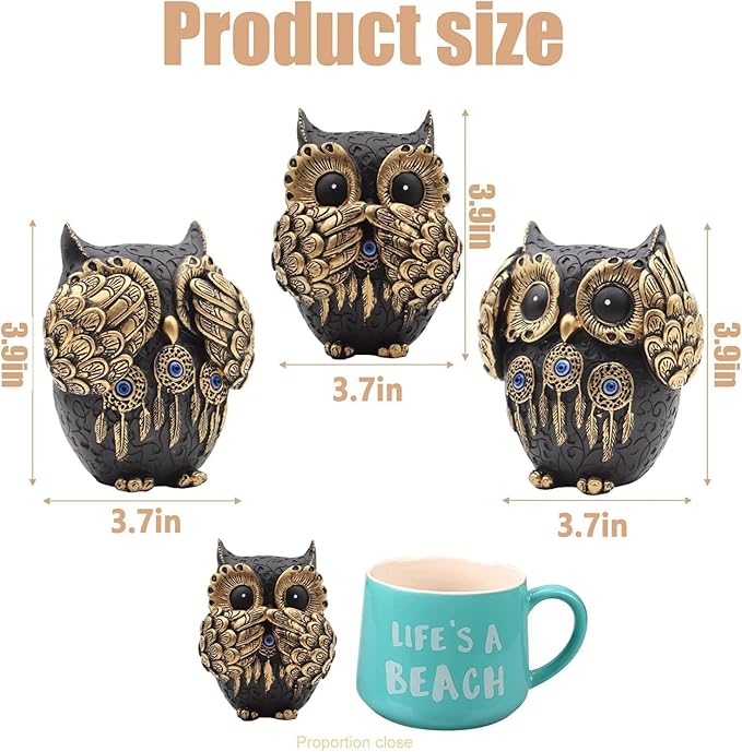 3 Owl Figurines Decor, Owl Statue Figurine, See No Hear No Speak No Evil Ornaments, Crafted Animal Sculpture, Cute Owls Decoration for Living Room, Office, Bookshelf, Bedroom - Black