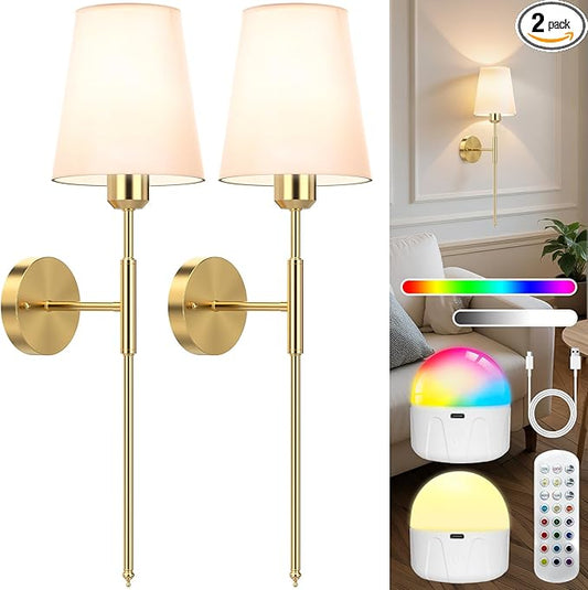 25.6 inch Battery Operated Wall Sconces Set of 2, Wireless Wall Lights with Rechargeable Bulbs & Remote, 15 Colors & Dimmable, Battery Powered Wall Lights for Bedroom, Living Room, Hallway