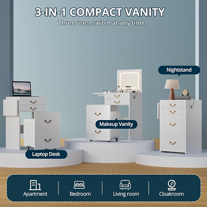 FURSUN 3-in-1 Vanity with Flip Mirror & Lights, Fluted Compact Vanity Table with 3 Drawers, Storage Compartment and Rolling Stool, Modern Small Makeup Vanity for Bedroom, Powder Room, Solid White
