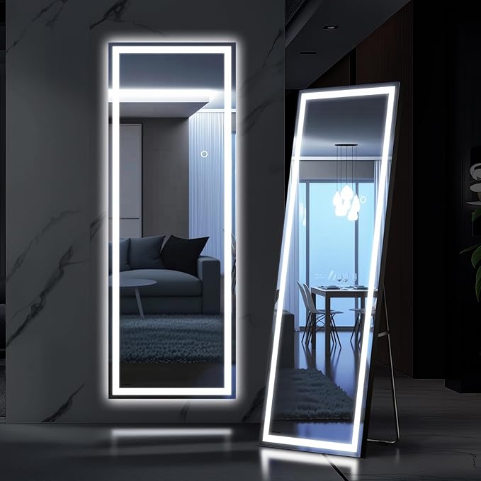 Kosmonia 56"x18" Full Length LED Mirror with Lights, Dimmable Standing/Wall Mirror for Bedroom, Full Body Lighted Floor Mirror, Tempered Glass