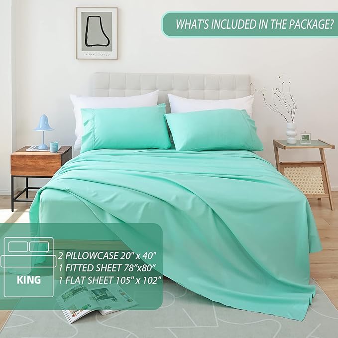 Whitney Home Textile King Size Sheets Set, Soft Microfiber Hotel Bed Sheets King Size, Extra Deep Pocket, Luxury Breathable Bedding Sheet & Pillowcase Sets, 4 Piece Wrinkle Free Oeko-Tex, Aqua