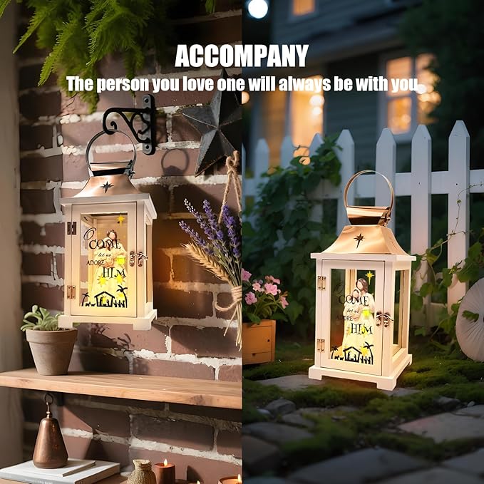 Christmas Candle Lanterns Decorative Indoor- Hanging Candle Lantern with Resin Christmas Nativity Figurine That Light up for Modern Farmhouse Decor, Xmas Lantern for Table Centerpieces, Home Décor