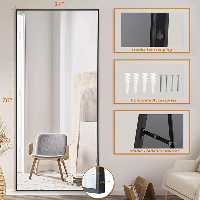 Full Length Mirror, 76"x34" Oversized Floor Mirror Free Standing, Large Full Body Mirror for Bedroom Living Room Gym, Black Mirror Full Length with Tempered Glass
