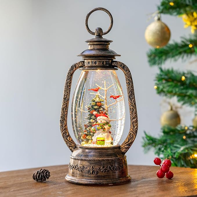 12'' Christmas Musical Snow Globe Lantern Spinning Water Glittering Snowman with Holiday Tree Scene, Battery & USB Powered Light for Home Decoration