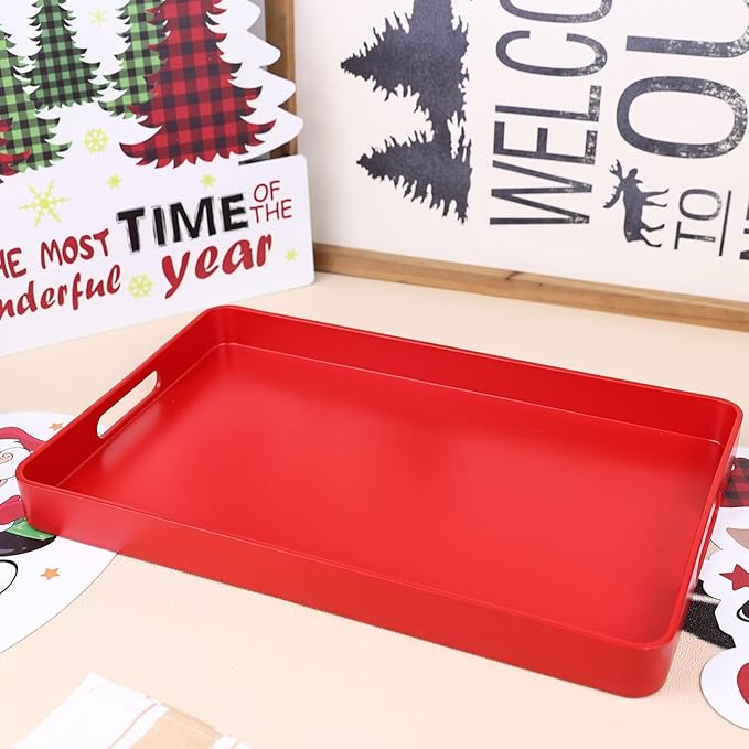 Red Decorative Serving Tray with Handles, Plastic Coffee Table Tray for Outdoor Patio, Living Room, Ottoman, Bathroom Counter, 10.2”*15.7”*1.4”