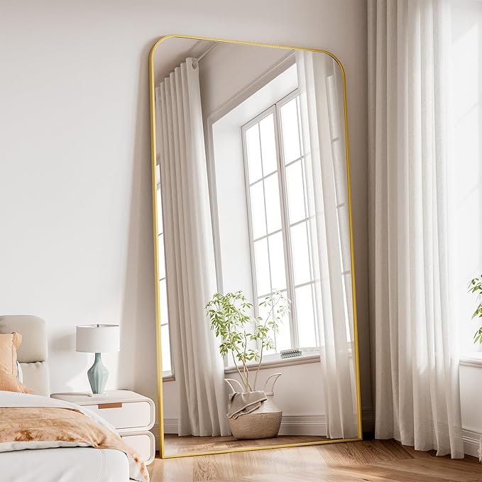 Koonmi Full Length Mirror, 86"x40" Mirror Full Length with Stand, Gold Domed Top Square-Edged Floor Mirror with Aluminum Alloy Frame for Bedroom Living Room