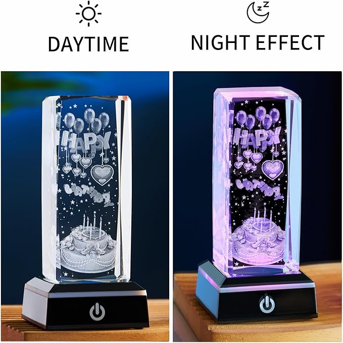 3D K9 Crystal Night Light with LED Light Base Gift for Women Men Girlfriend Christmas Valentines Anniversary Birthday Gifts (Happy Birthday)