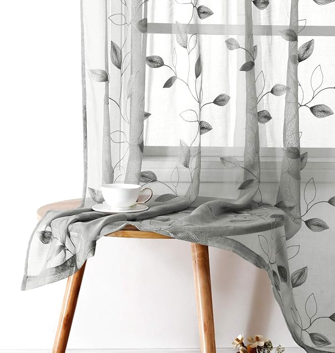 HOMEIDEAS Light Grey/Gray Sheer Curtains 52 X 96 Inches Long 2 Panels Embroidered Leaf Pattern Pocket Faux Linen Floral Semi Sheer Voile Window Curtains/Drapes for Bedroom Living Room