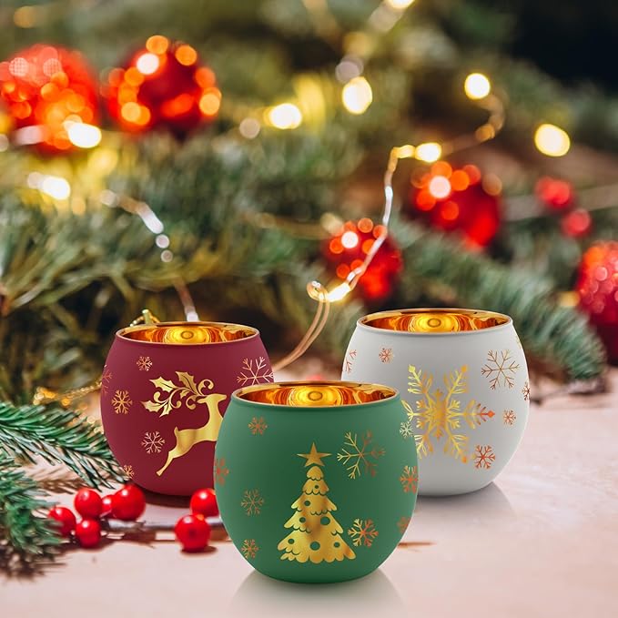 Christmas Votive Candle Holder Set of 6, Red Green White Glass Tealight Holder with 6 Laser Engraving Patterns for Winter Xmas Table Centerpiece Decor
