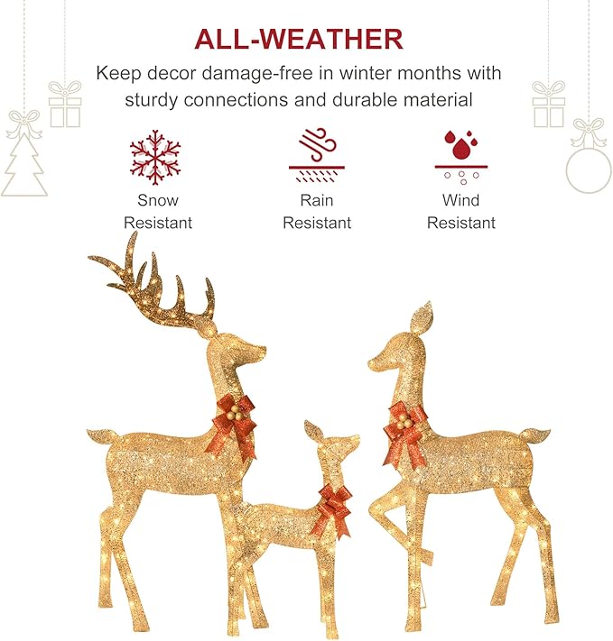 HOYECHI 6.5 FT Oversized Christmas Decorations Outdoor Lighted Reindeer β 3-Piece 3D Deer Family Set with 340 Warm White LED Lights for Yard, Lawn, Garden & Porch Holiday Display - Gold