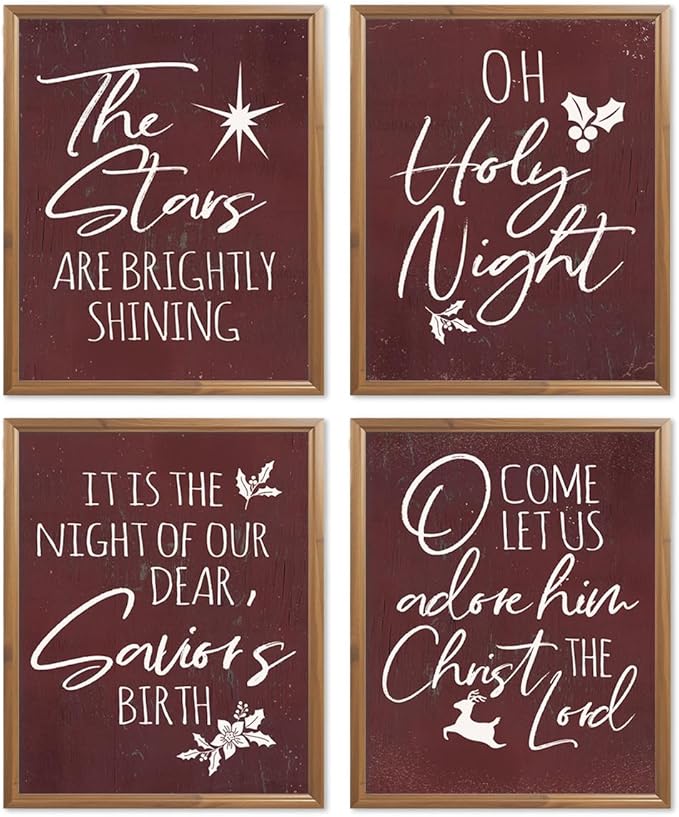 Wheatwin Vintage Christmas Wall Art Prints Set of 4, O Holy Night Sign, Christian Wall Art, Rustic Christmas Red Xmas Religious Decor for Farmhouse Living Room Bedroom, 8x10 (Unframed)