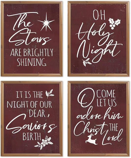 Wheatwin Vintage Christmas Wall Art Prints Set of 4, O Holy Night Sign, Christian Wall Art, Rustic Christmas Red Xmas Religious Decor for Farmhouse Living Room Bedroom, 8x10 (Unframed)